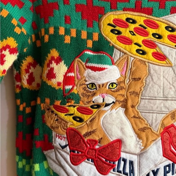 Boys Ugly Christmas Sweater Cats And Pizza - Small Hole See Pic Size M - Picture 3 of 7